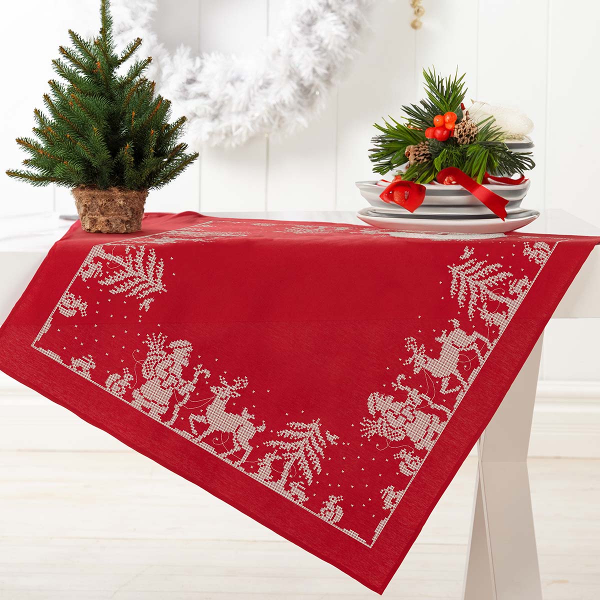 Village Linens™ Santa with Rudolph Table Topper Stamped CrossStitch Kit