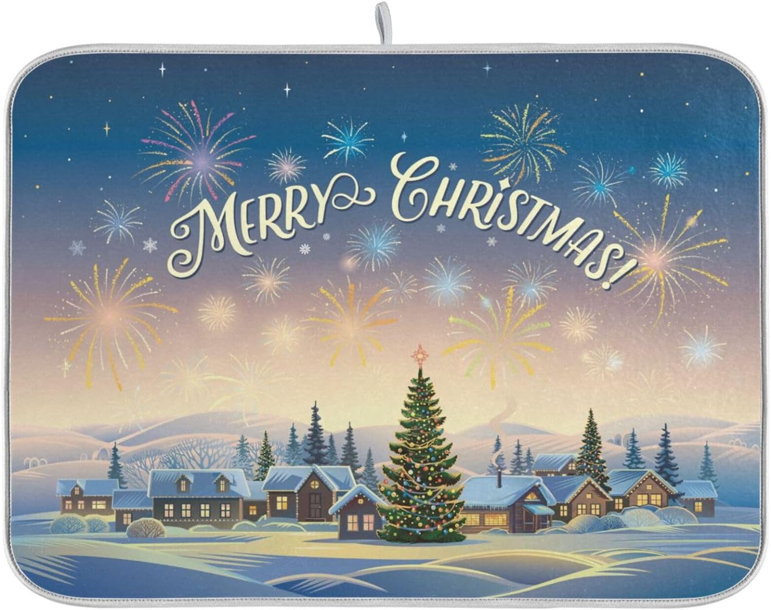 Village Merry Christmas Trees Fireworks Microfiber Dish Drying Mat Absorbent Dish Draining Mat