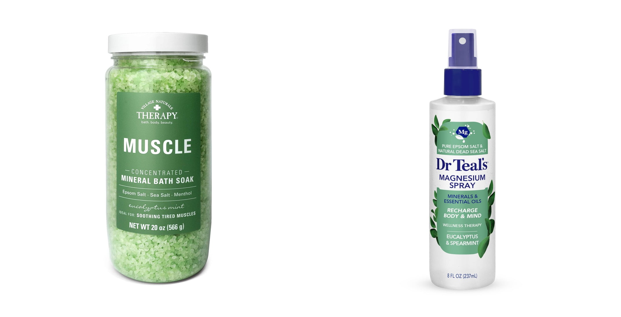 Village Naturals Therapy Muscle Relief Concentrated Mineral Bath Soak, Eucalyptus Mint & Dr Teal's Relax & Relief Magnesium Spray with Eucalyptus & Spearmint Essential Oils Bundle