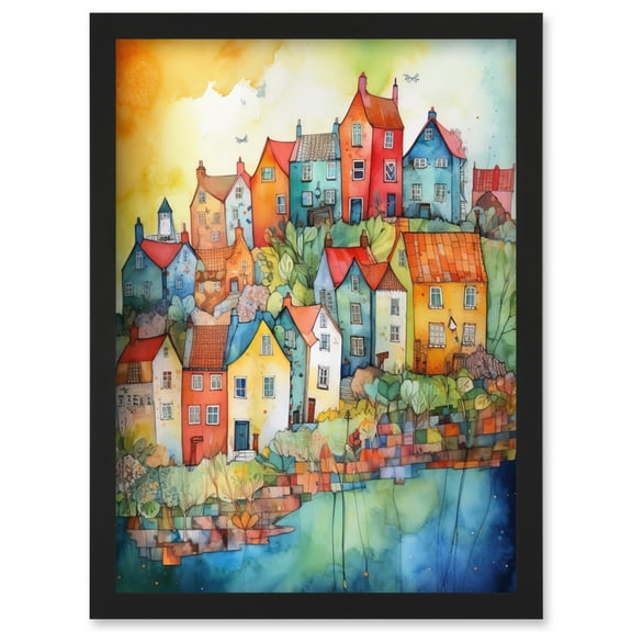 Village Of Manarola Italy Folk Art Artwork Framed Wall Art Print A4