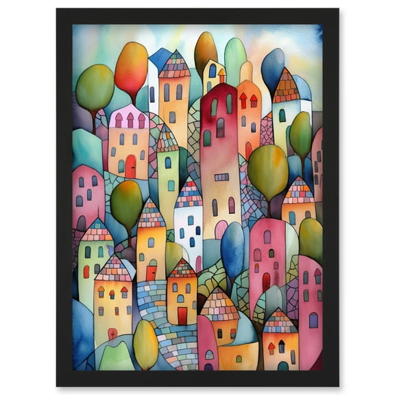 Village On The Hill Cobble Streets Folk Art Artwork Framed Wall Art Print A4