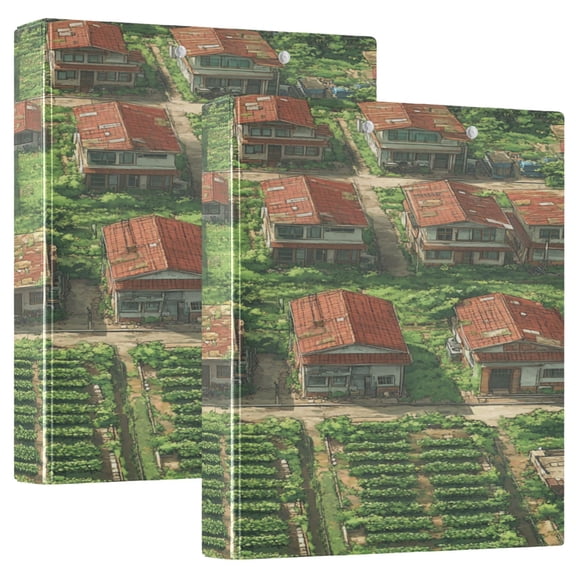 Village Pattern 12.4x10.6in PVC Round Ring Binder, D-Ring 3-Hole, Metal Clip, 200 Sheets