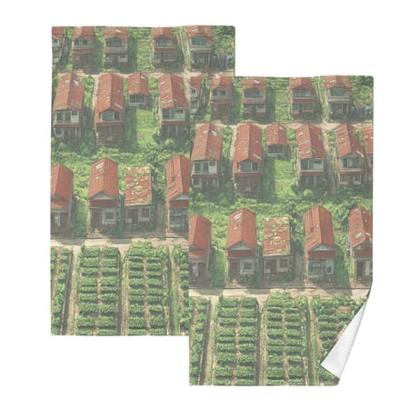 Village Pattern Set of 2 Pure Cotton Towels, 16'' x 28'', Highly Absorbent and Soft