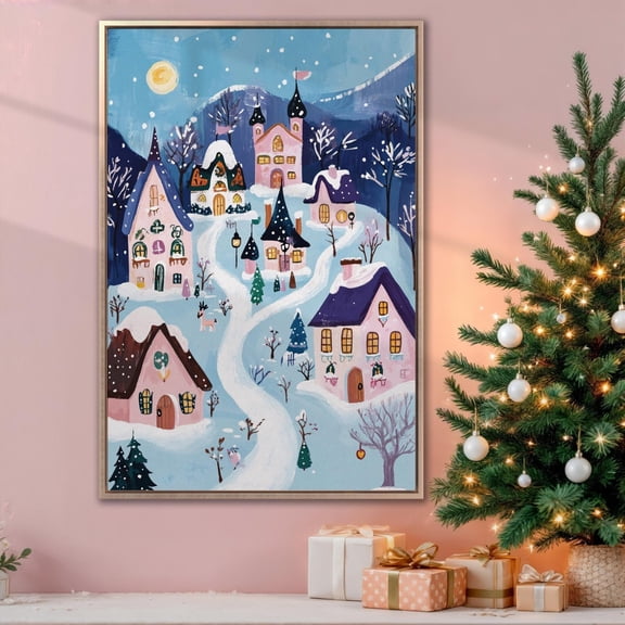 Village Poster Winter Night Wall Art Pink Cottages Posterseason Decor Ready To Hang, Stretched Canvas Size 12x18