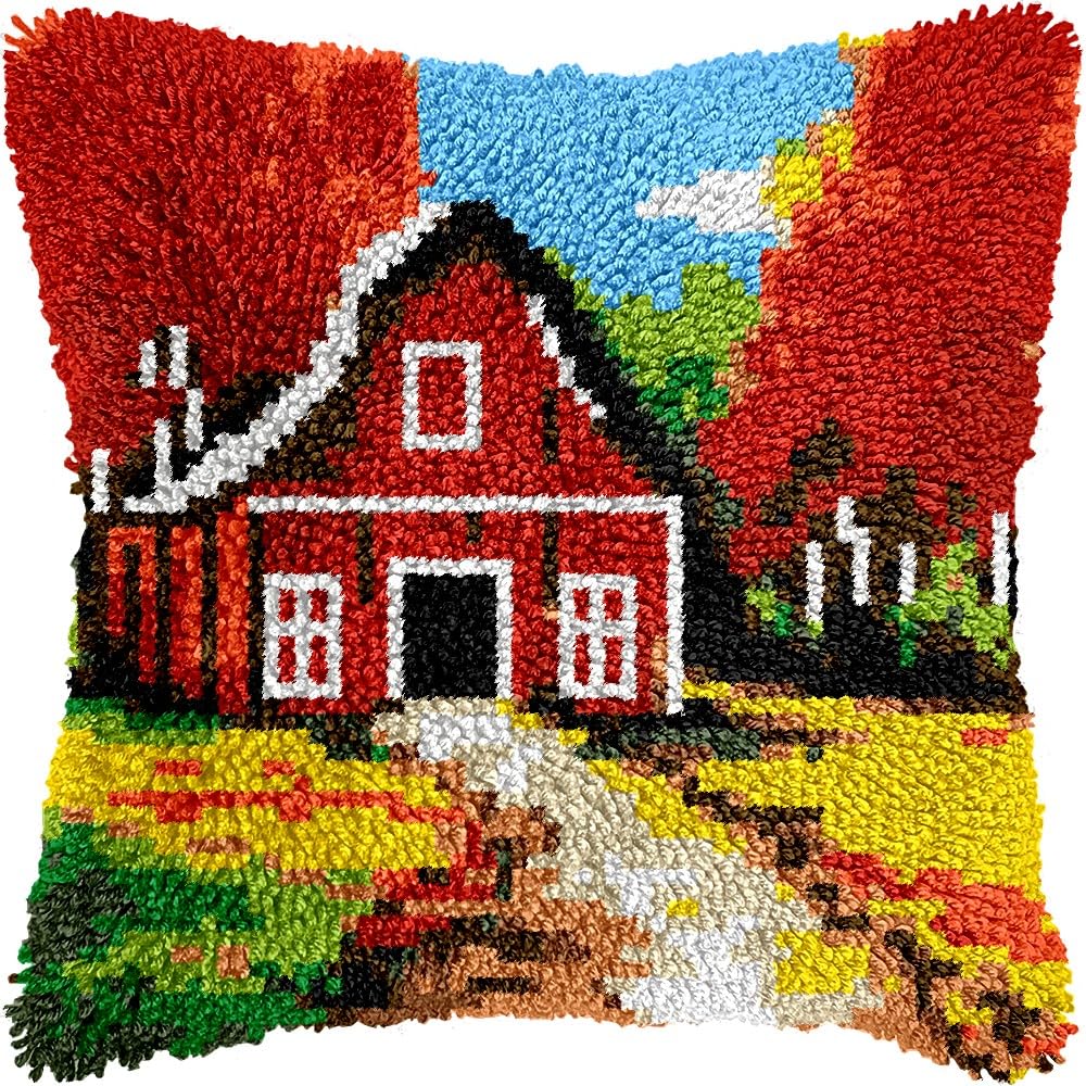 Village Red Barn House Latch Hook Pillow Kits for DIY Throw Pillow Cushion Embroidery Latch Hooking Pillowcase Kits with Preprinted Canvas Crochet Yarn Kits for Home Decor 17''X 17''(d321)