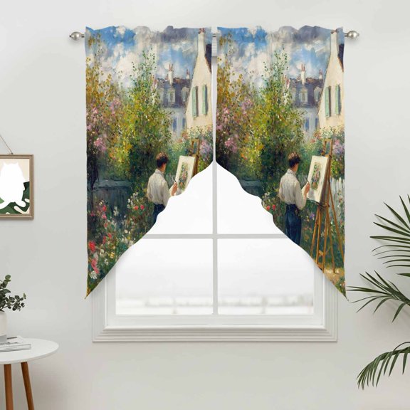 Village Rose House Swag Valances for Windows, Vintage Pastoral Painter Rod Pocket Short Curtains, Machine Washable Kitchen Window Topper for Bathroom Living Room, 28 x 36 Inch, 1 Pair