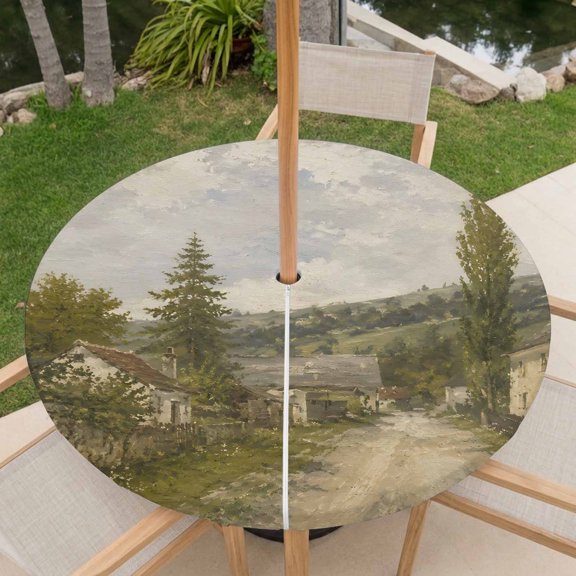 Village Rural Lane Outdoor Tablecloth with Umbrella Hole, Rustic Vintage House Poplar Tree Landscape Round Fitted Tablecloth Waterproof Table Cover with Zipper for Patio Garden Fits 31"-35" Table