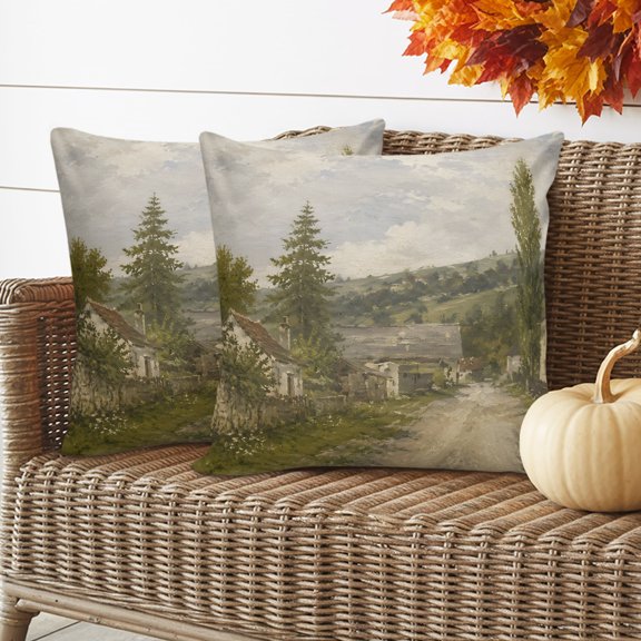 Village Rural Lane Pillow Covers 2 Pack Rustic Vintage House Poplar Tree Landscape Pillowcase Waterproof Outdoor Throw Pillow Cover for Patio Garden Balcony Decorative Square Cushion 24"x24"