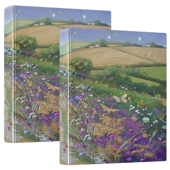 Village Scene 12.4x10.6in PVC Round Ring Binders, 2-Pack, D-Ring 3-Hole, Metal Clip