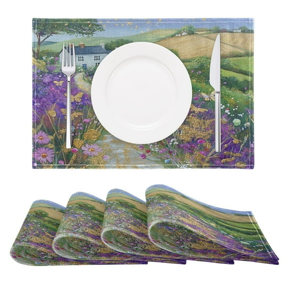 Village Scene Placemats Set of 6 Coffee Mats, Non Slip Backing 18x12 Inch for Home and Restaurants