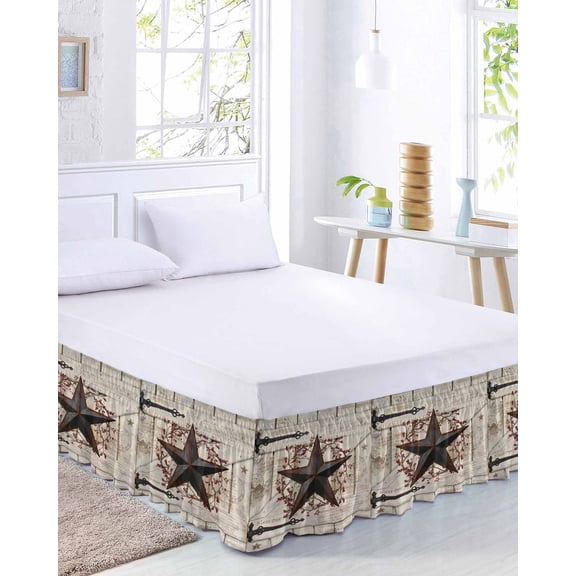 Village Stars Bed Skirt Queen Size 16 Inch Drop, Vintage Rust Black Star Berry Beige Barn Doors Adjustable Elastic Dust Ruffles Bedskirt for Queen Bed Wrap Around Pleated Mattress Frame Cover