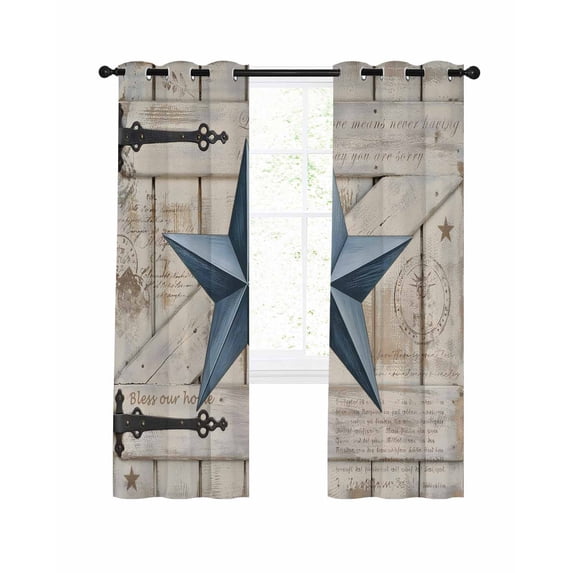 Village Stars Blackout Curtains 45 Inch Length Vintage Blue Star Beige Barn Doors Thermal Insulated Window Curtain Window Drapes 2 Panels for Bedroom Living Room 52"Wx45"L