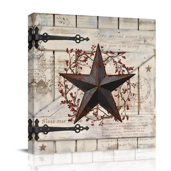 Village Stars Canvas Wall Art for Living Room, Vintage Rust Black Star Berry Beige Barn Doors Poster Print Painting for Bedroom Office Home Decoration Wall Pictures Prepare To Hang 16"x16"