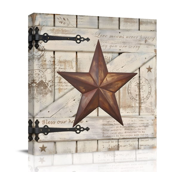 Village Stars Canvas Wall Art for Living Room, Vintage Rust Yellow Star Beige Barn Doors Poster Print Painting for Bedroom Office Home Decoration Wall Pictures Prepare To Hang 12"x12"
