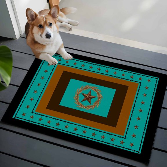 Village Stars Front Door Rugs 2x3 ft Turquoise Western Texas Star Wheat Ears Small Rug for Entryway Non Slip Washable Bathroom Door Mat Absorbent Floor Mat for Indoor Entrance