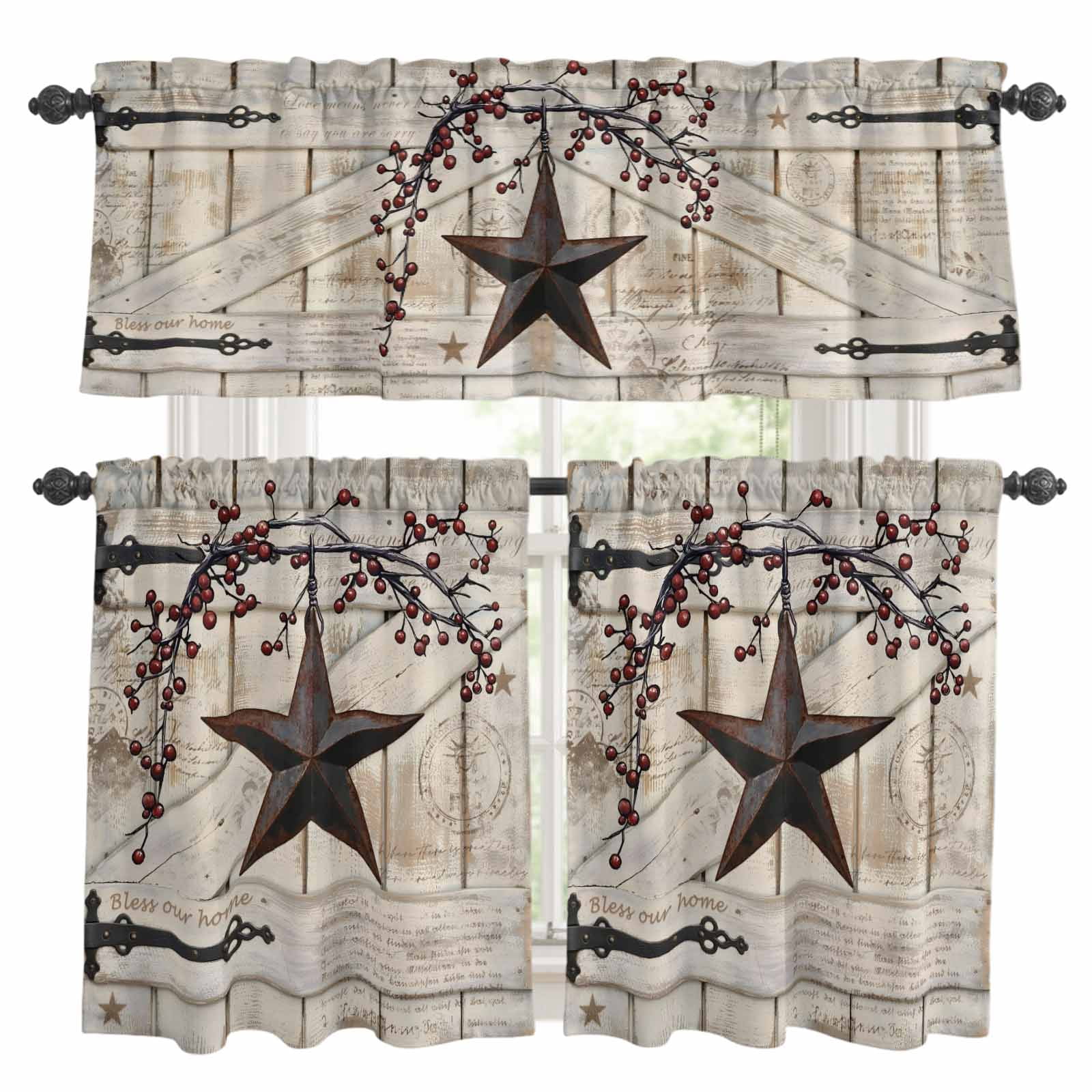 Rust Valance Village Stars Kitchen Curtains and Valances Set, Vintage Rust Black ...