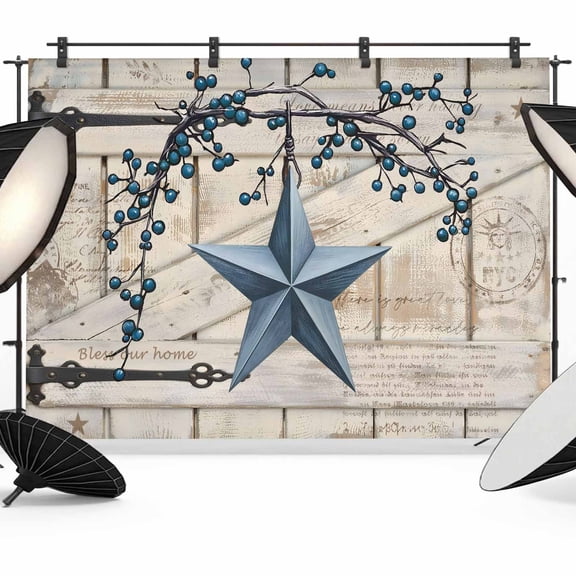 Village Stars Photography Backdrop 7x5FT, Vintage Blue Star Berry Beige Barn Doors Photo Backdrops, Background for Photography Studio Photo Studio Background, Back Drop for Photoshoot