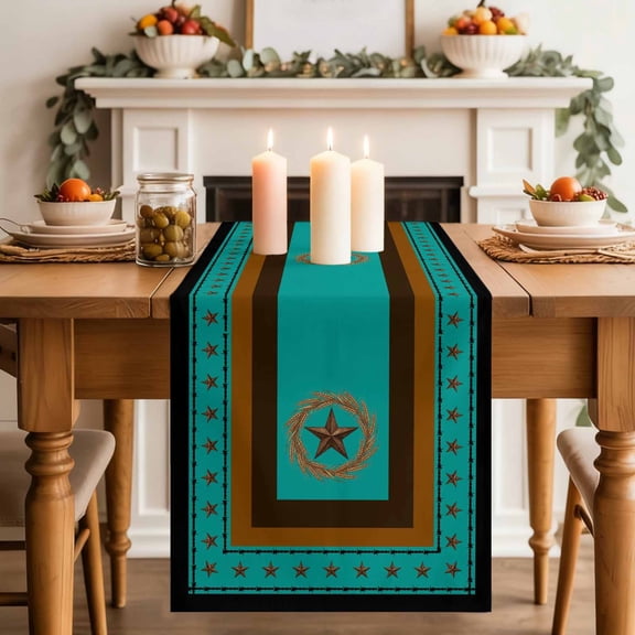 Village Stars Table Runner, Turquoise Western Texas Star Wheat Ears Cotton Linen Kitchen Table Decoration Washable Dining Tabletop Runners for Home Party Decor 13x72 Inches
