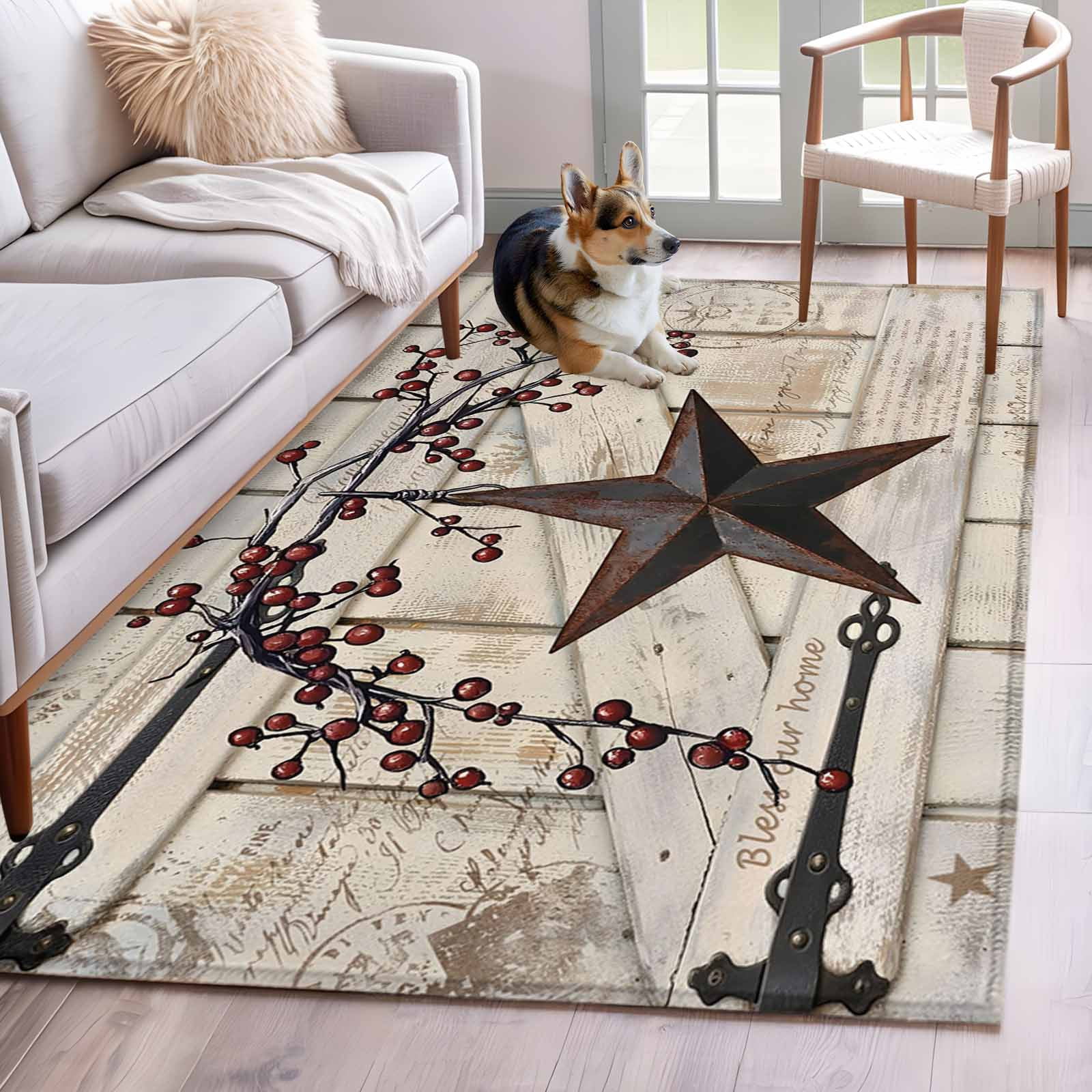 Village Stars Washable Area Rug 2.7 x 5 ft Vintage Rust Black Star ...