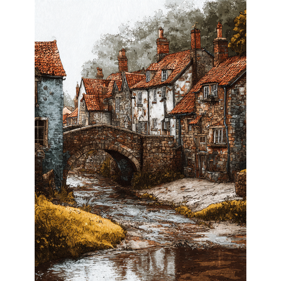 Village Stone Bridge Canvas Print Wall Art, Living Room Bedroom Cafe Countryside Home Decor