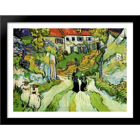 Village Street and Steps in Auvers with Figures 36x28 Large Black Wood Framed Print Art by Vincent van Gogh
