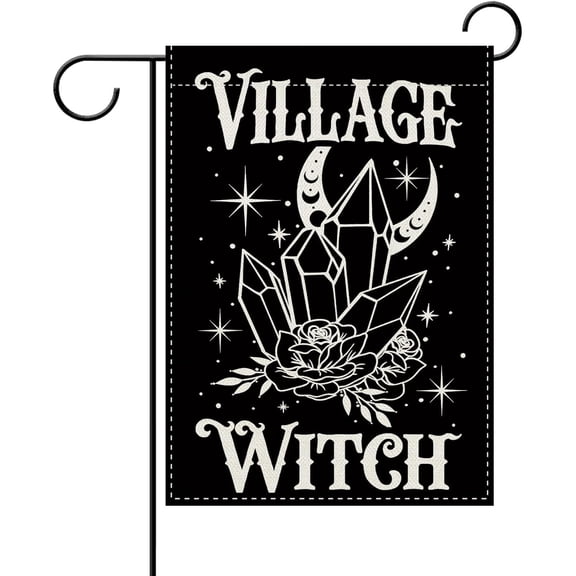 Village Witch Crystal Decorative Garden Flag, Gothic Dark Mystical Divination Rose Moon Star Yard Outside Home Decoration, Black White Halloween Burlap Outdoor Small Decor Double Sided 12x18