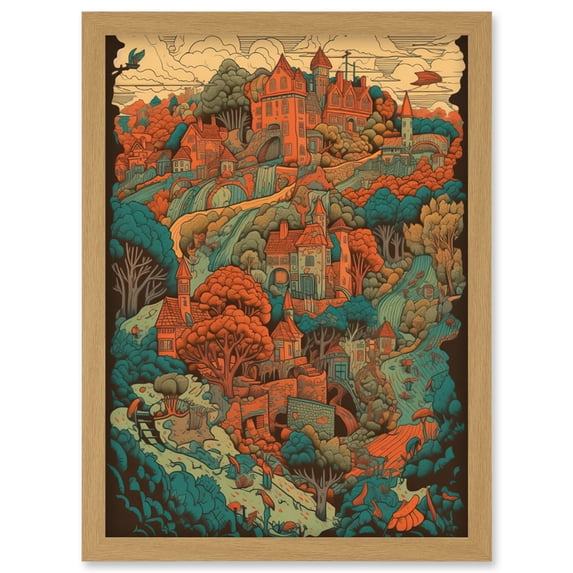 Village in Forest Coral and Teal Blue Illustration Artwork Framed Wall Art Print A4
