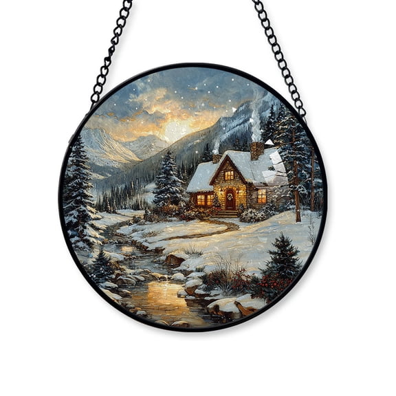 Village in the Snow Stained Glass Suncatcher Window Hanging, Christmas 2025 Gift, Hanging Window Decor & Christmas Tree Decoration