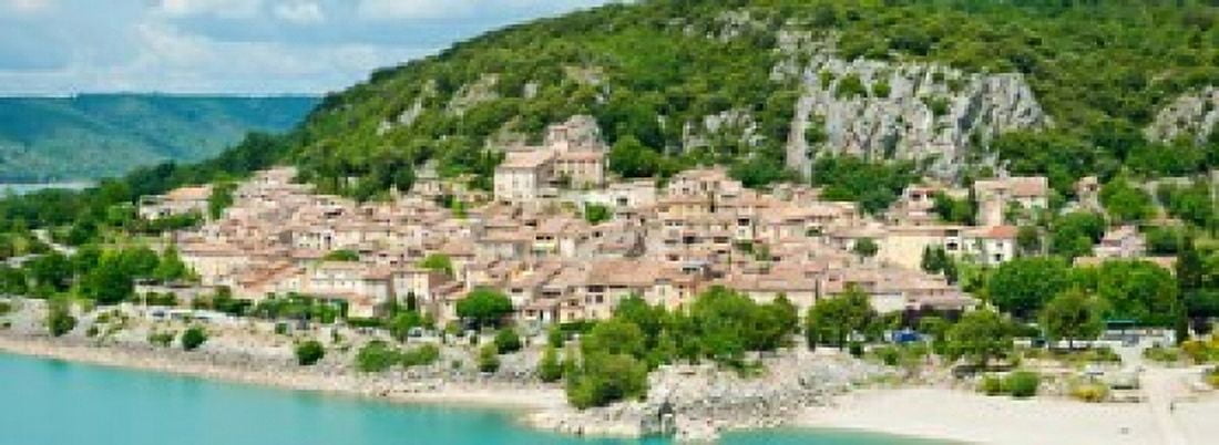 Village on a hill at the lakeside Bauduen Lake of Sainte-Croix Var Provence-Alpes-Cote dAzur France Canvas Art - Panoramic Images (18 x 7)