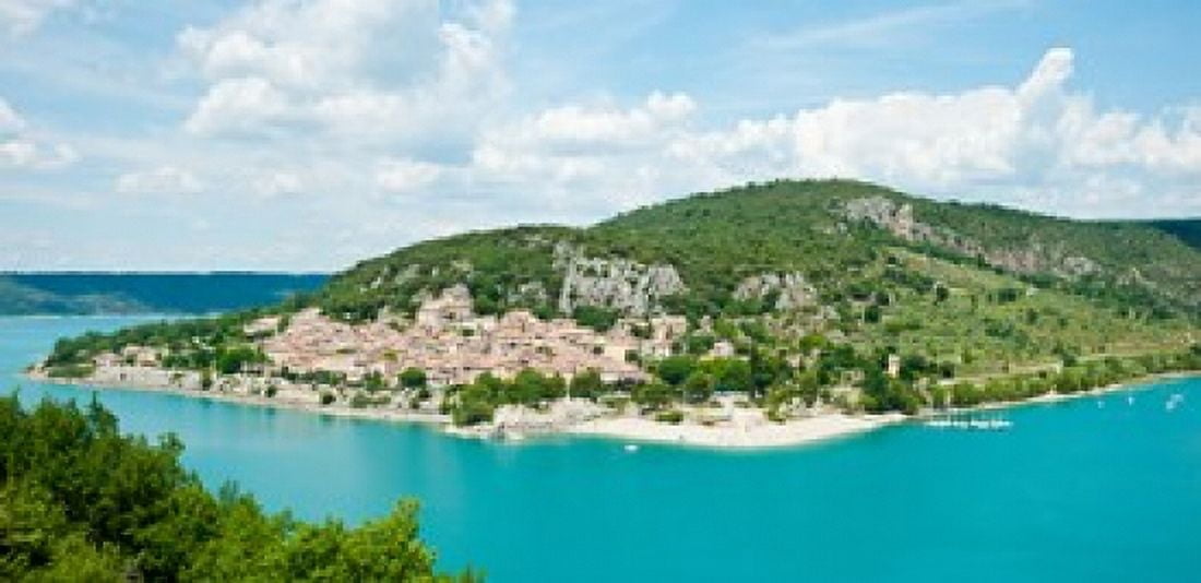 Village on a hill at the lakeside Bauduen Lake of Sainte-Croix Var Provence-Alpes-Cote dAzur France Canvas Art - Panoramic Images (24 x 12)