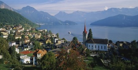 VillageWeggis & Lake Vierwaldstattersee Switzerland Canvas Art - Panoramic Images (24 x 12)
