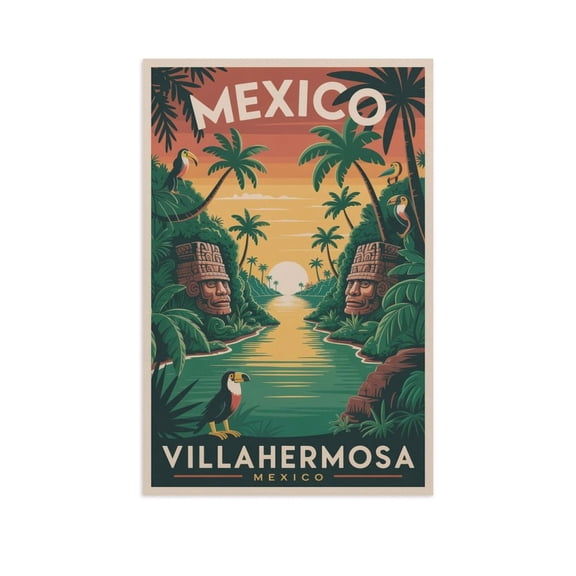 Villahermosa Vintage City Travel Poster with Jungle, Olmec Heads And Riverside Charm Canvas Poster