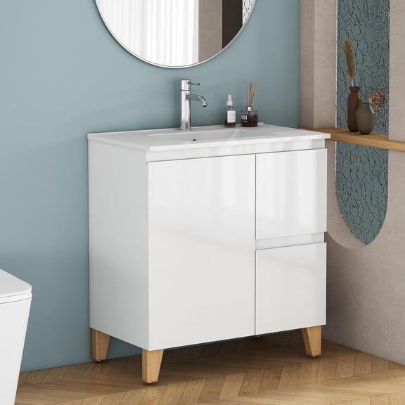 Villahico 31.5″ Mid-century Modern Bathroom Vanity Cabinet with Sink Combo, 1 Doors and 2 Drawer, Soft-Clost System, Ceramic Basin,High Glossy White Painted