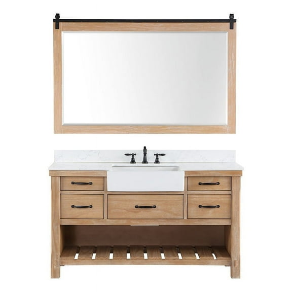 Villareal 60" Single White Farmhouse Bath Vanity in Weathered Pine with Mirror