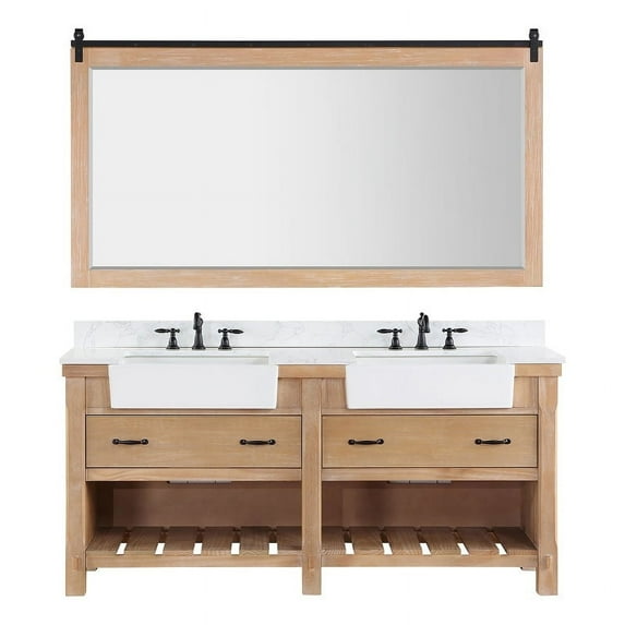 Villareal 72" Double White Farmhouse Basin Bath Vanity Weathered Pine w/ Mirror