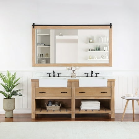 Villareal 72" Double White Farmhouse Basin Bath Vanity in Weathered Pine Wood