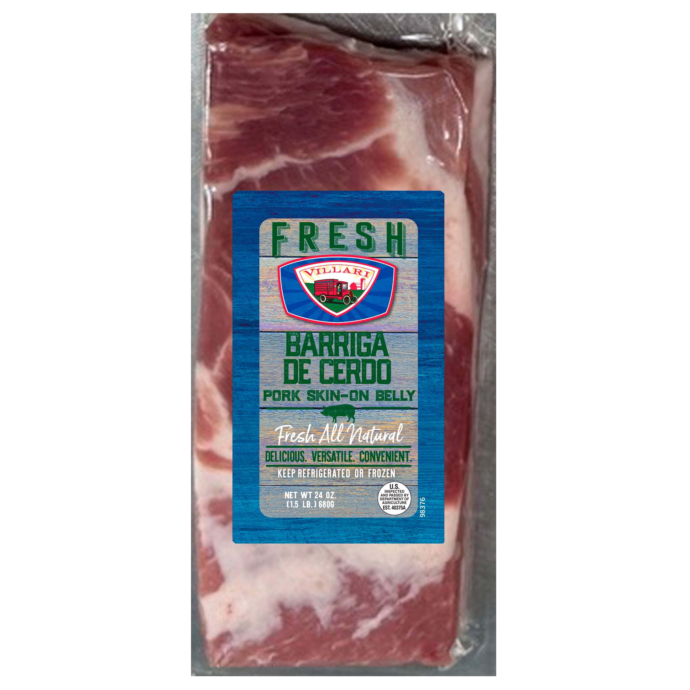 Villari Fresh Uncured Pork Belly with Skin, 1.5lb, Chicharron Style, Vacuum Sealed Bag