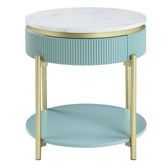 Ville 23 Inch Round Side End Table White Faux Marble Top Teal Reeded Edge