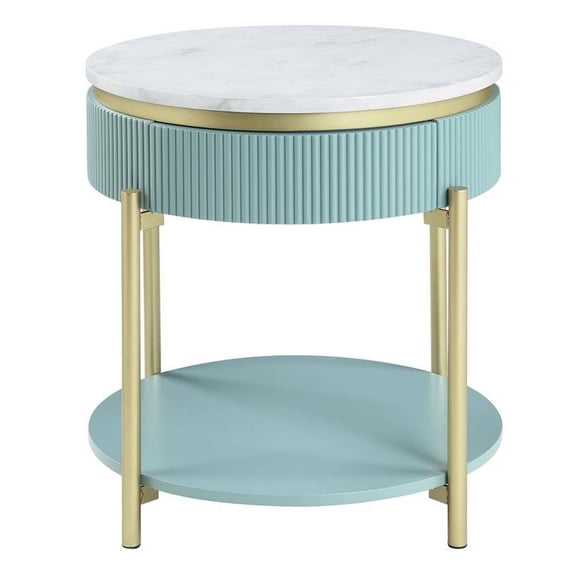 Ville 23 Inch Round Side End Table White Faux Marble Top Teal Reeded Edge