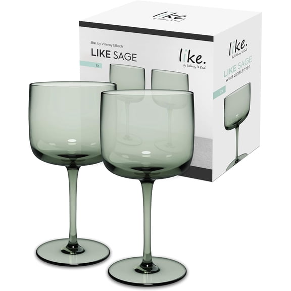 Villeroy & Boch Like Sage Wine/Water Glass Pair | Crystal glass wine goblets in a sage hue, dishwasher safe, shaped to draw out a red or white's bouquet
