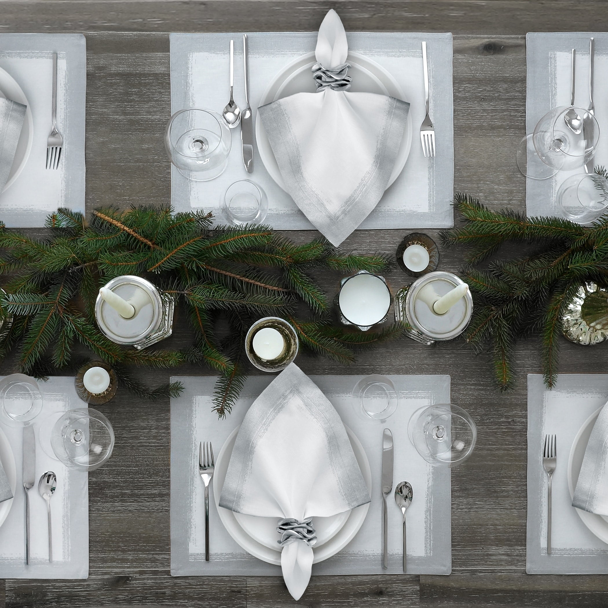 White and Silver Linen Blend Rectangular Placemats, Set of 4