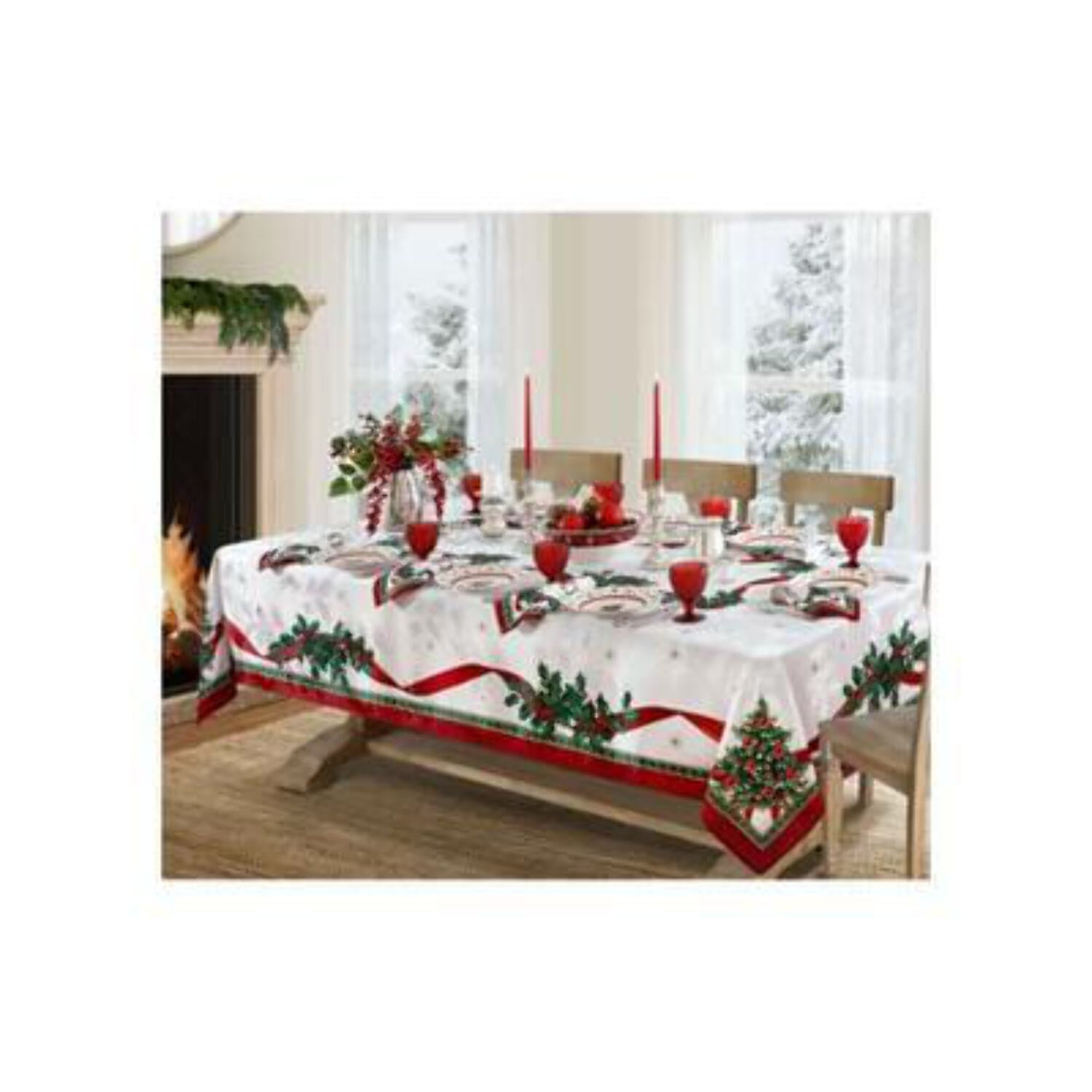Villeroy & Boch Christmas Holly Damask Fabric Tablecloth, 60" x 144"