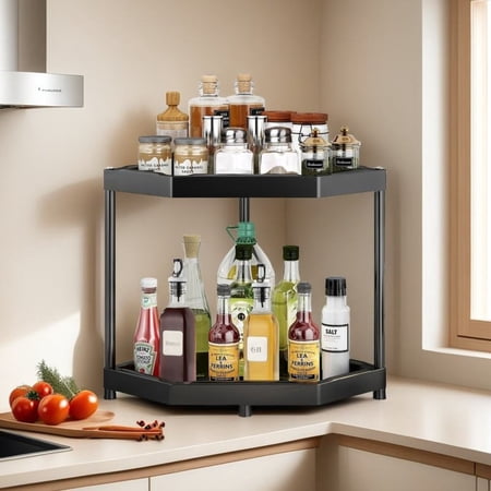 Villertech 2 Tier Corner Shelf Countertop Bathroom Counter Organizer Kitchen Storage Shelf Spice Rack Black