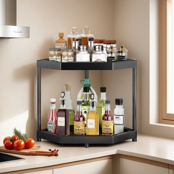 Villertech 2 Tier Corner Shelf Countertop Bathroom Counter Organizer Kitchen Storage Shelf Spice Rack Black