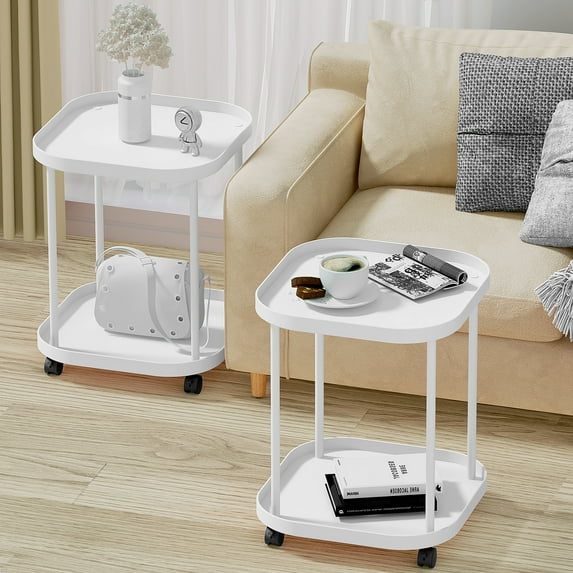 Villertech End Table with Wheels,Sofa Side Table,Modern Nightstand for Living Room Bedroom,2 Pack,White