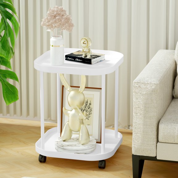 Villertech End Table with Wheels,Sofa Side Table,Modern Nightstand for Living Room Bedroom,White