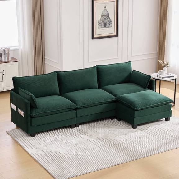 Villeston 102" Oversized Sectional Sofa with Movable Ottoman, 3 Seat Modern Corduroy Sofa Set for Living Room and Office,Emerald