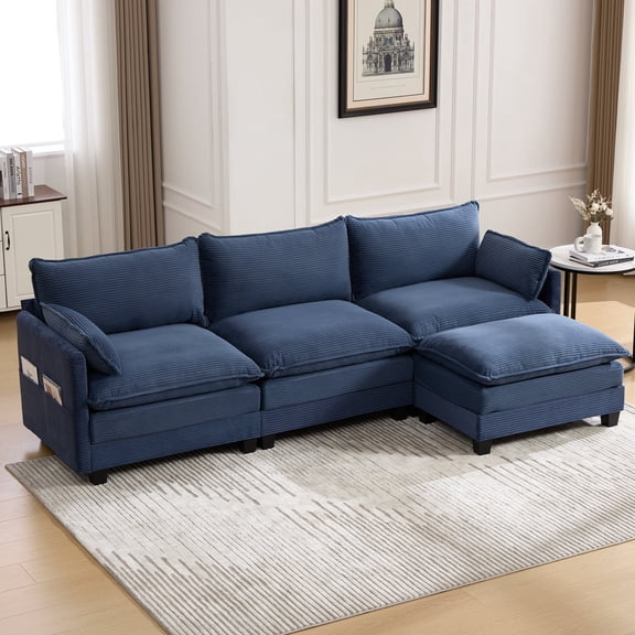 Villeston 102" Oversized Sectional Sofa with Movable Ottoman, 3 Seat Modern Corduroy Sofa Set for Living Room and Office,Navy Blue
