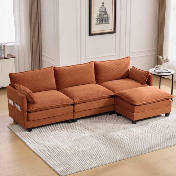 Villeston 102" Oversized Sectional Sofa with Movable Ottoman, 3 Seat Modern Corduroy Sofa Set for Living Room and Office,Orange