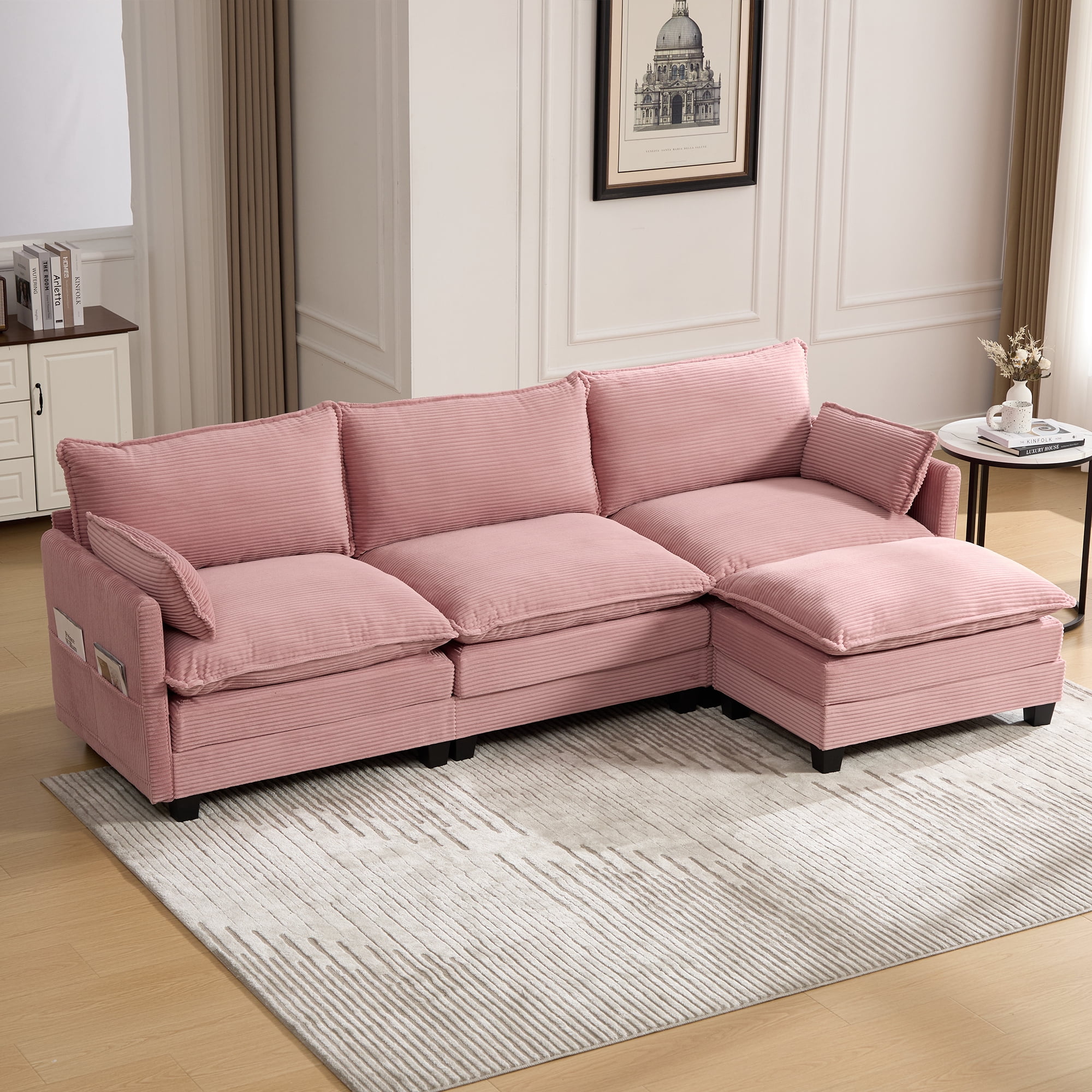 Villeston 102" Oversized Sectional Sofa with Movable Ottoman, 3 Seat Modern Corduroy Sofa Set for Living Room and Office,Pink